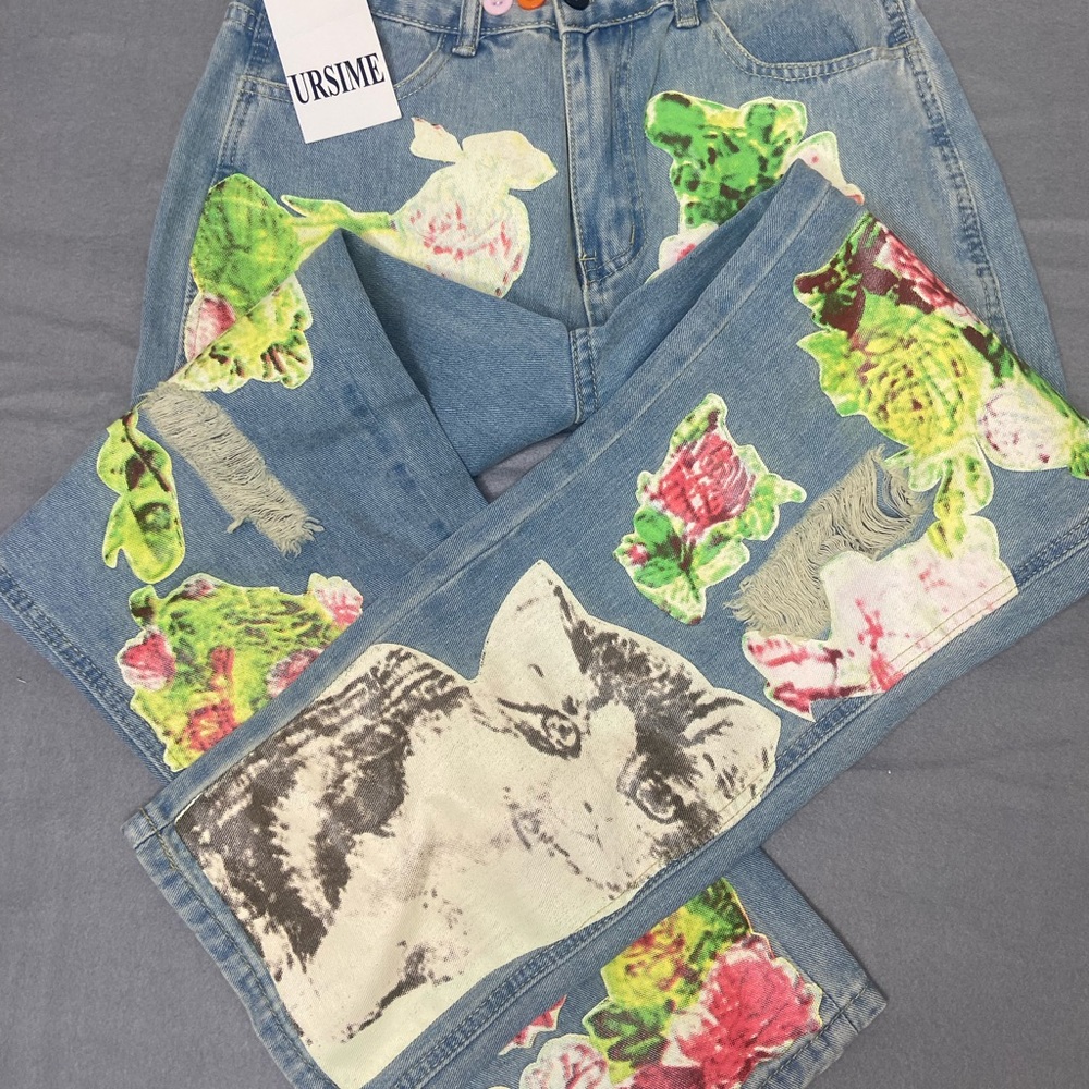 Vibrant Blue and Green Boot Cut Jeans with Botanical Prints